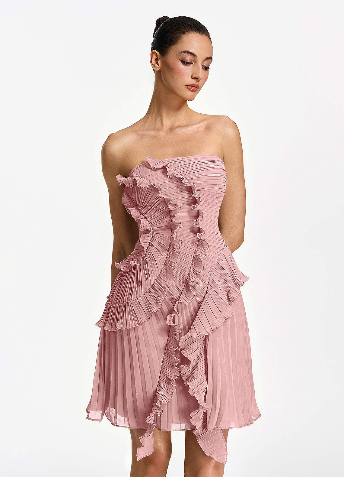 Ilona A-Line Mini Strapless Pleated Chiffon Prom Dress in Powder Pink