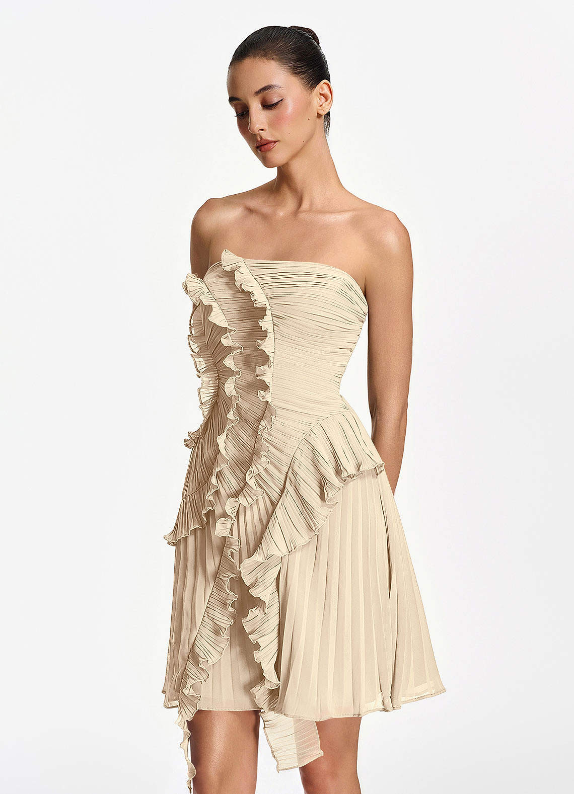 Ilona A-Line Mini Strapless Pleated Chiffon Prom Dress in Champagne