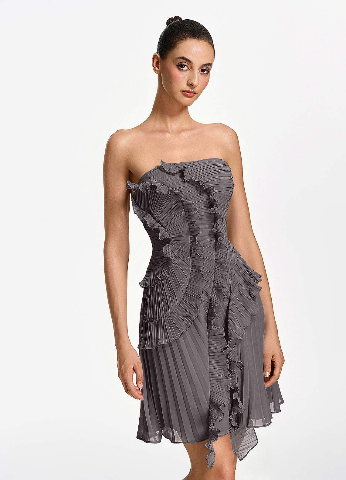Ilona A-Line Mini Strapless Pleated Chiffon Prom Dress in Steel Grey