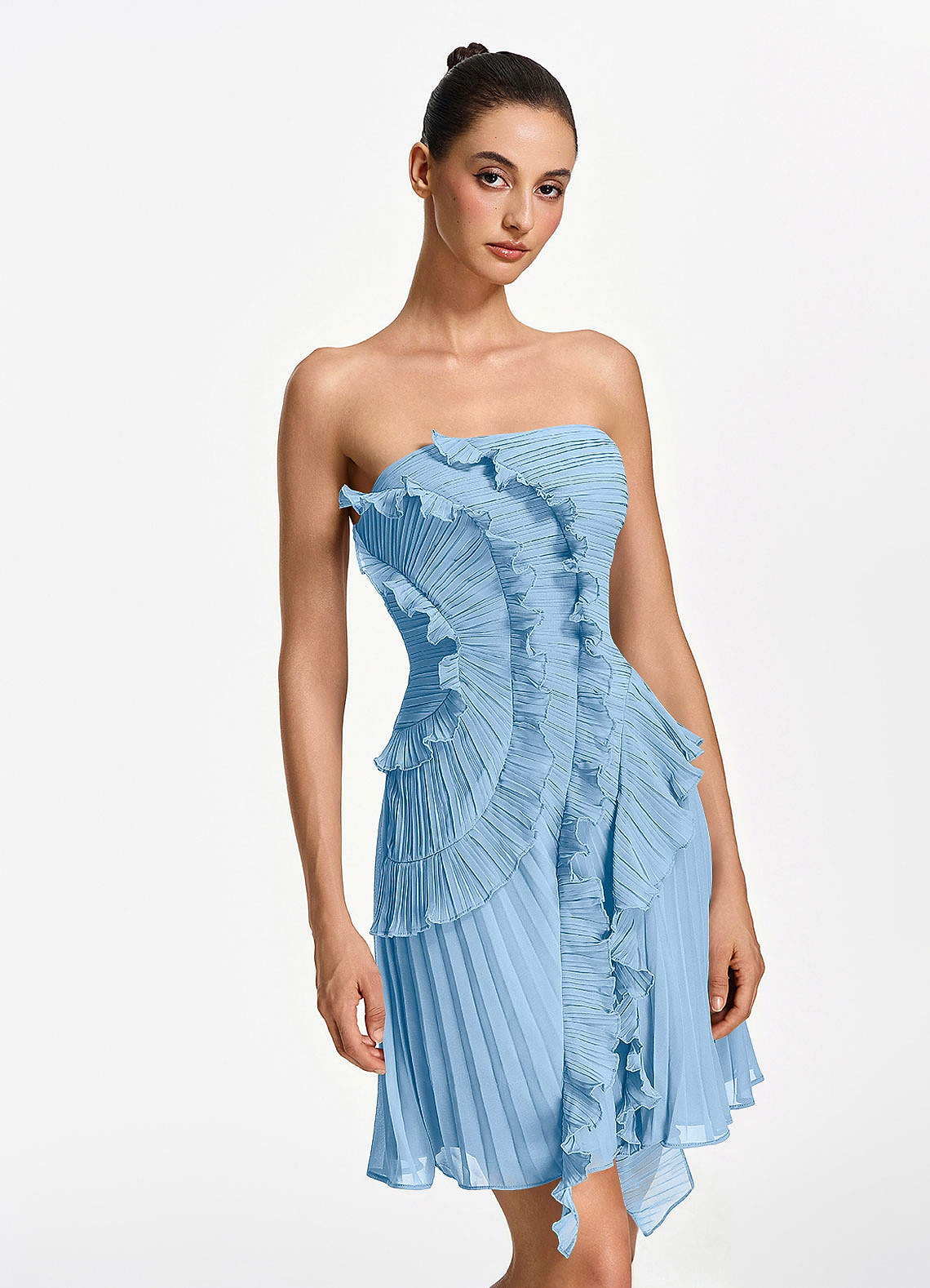 Ilona A-Line Mini Strapless Pleated Chiffon Prom Dress in Powder Blue