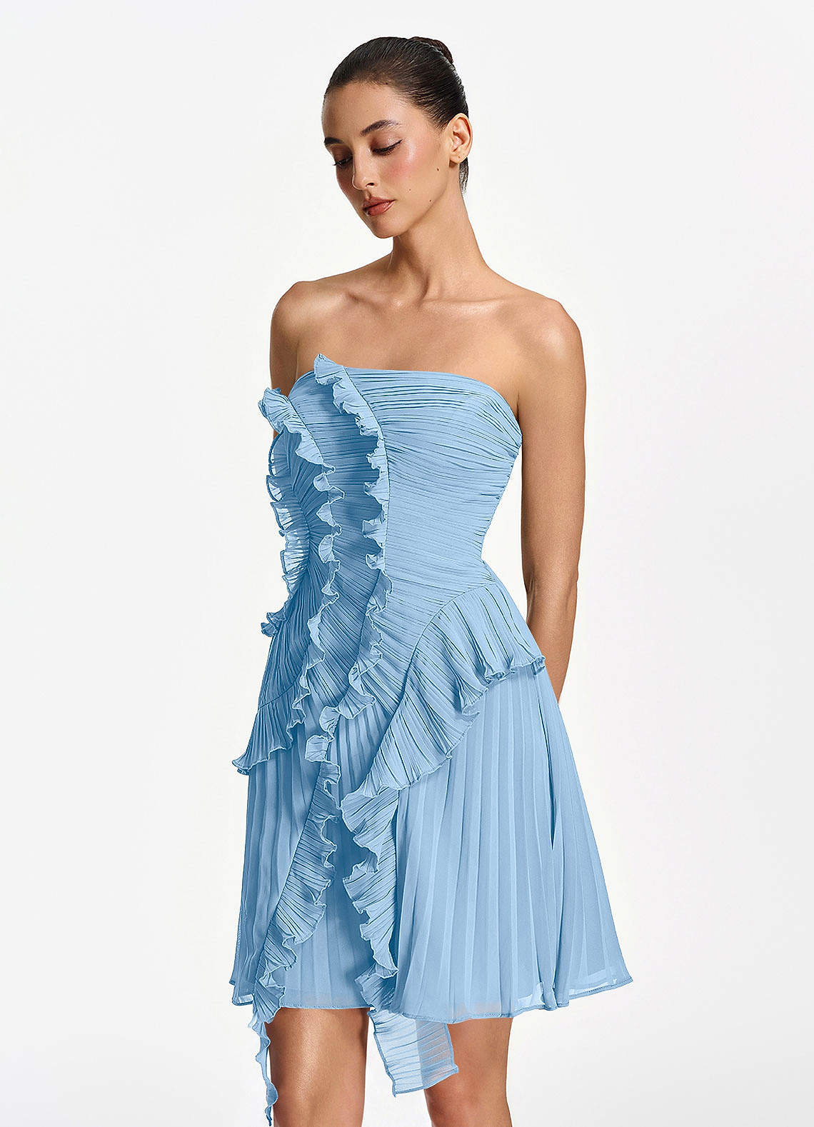 Ilona A-Line Mini Strapless Pleated Chiffon Prom Dress in Powder Blue