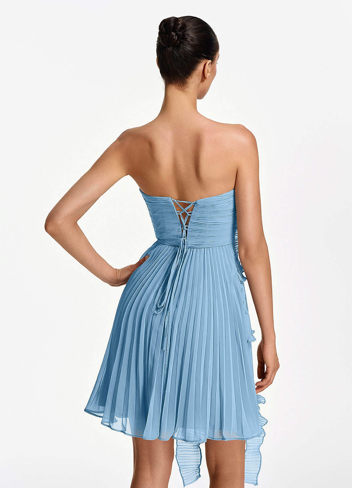 Ilona A-Line Mini Strapless Pleated Chiffon Prom Dress in Steel Blue