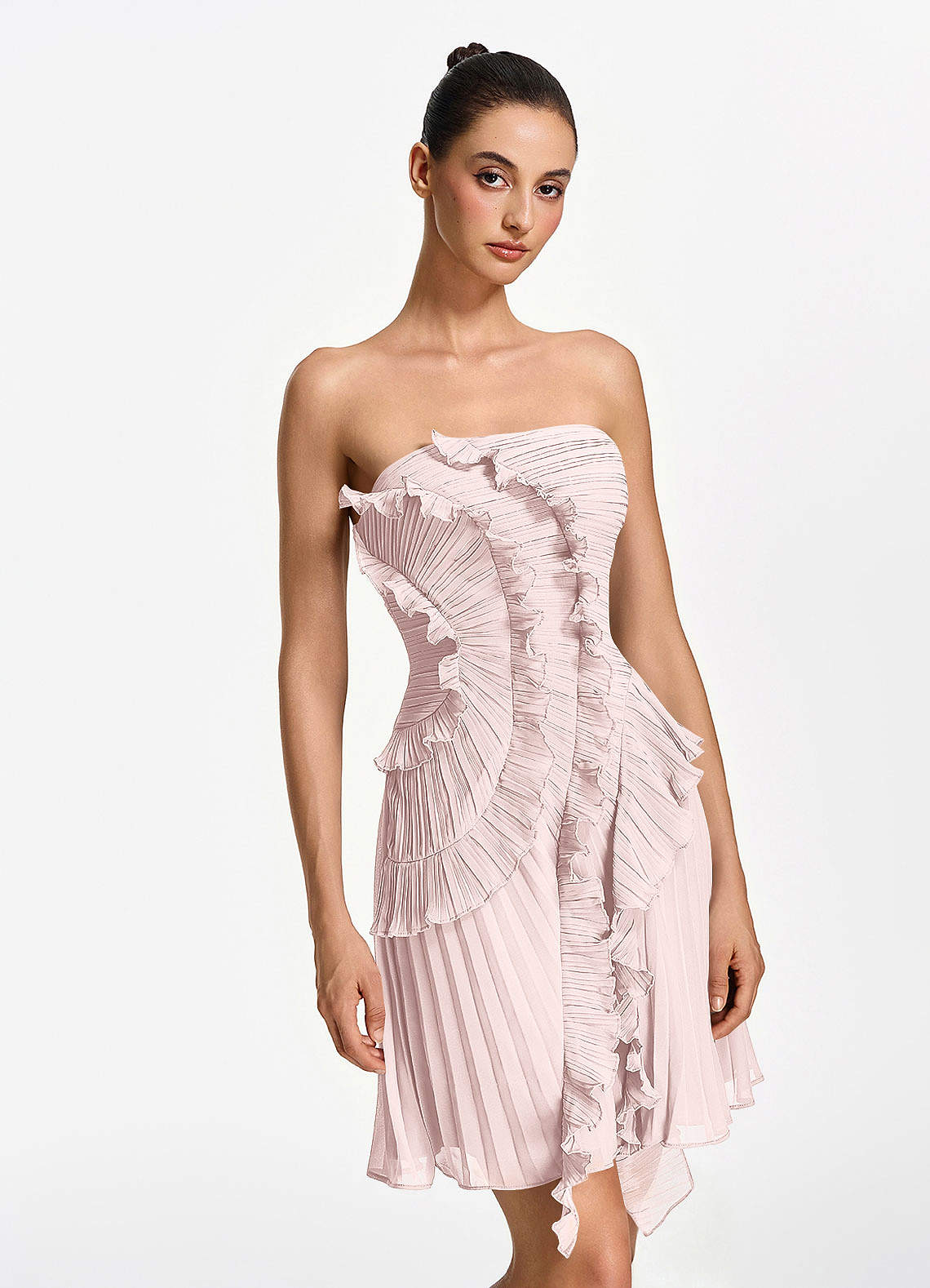 Ilona A-Line Mini Strapless Pleated Chiffon Prom Dress in Blushing Pink