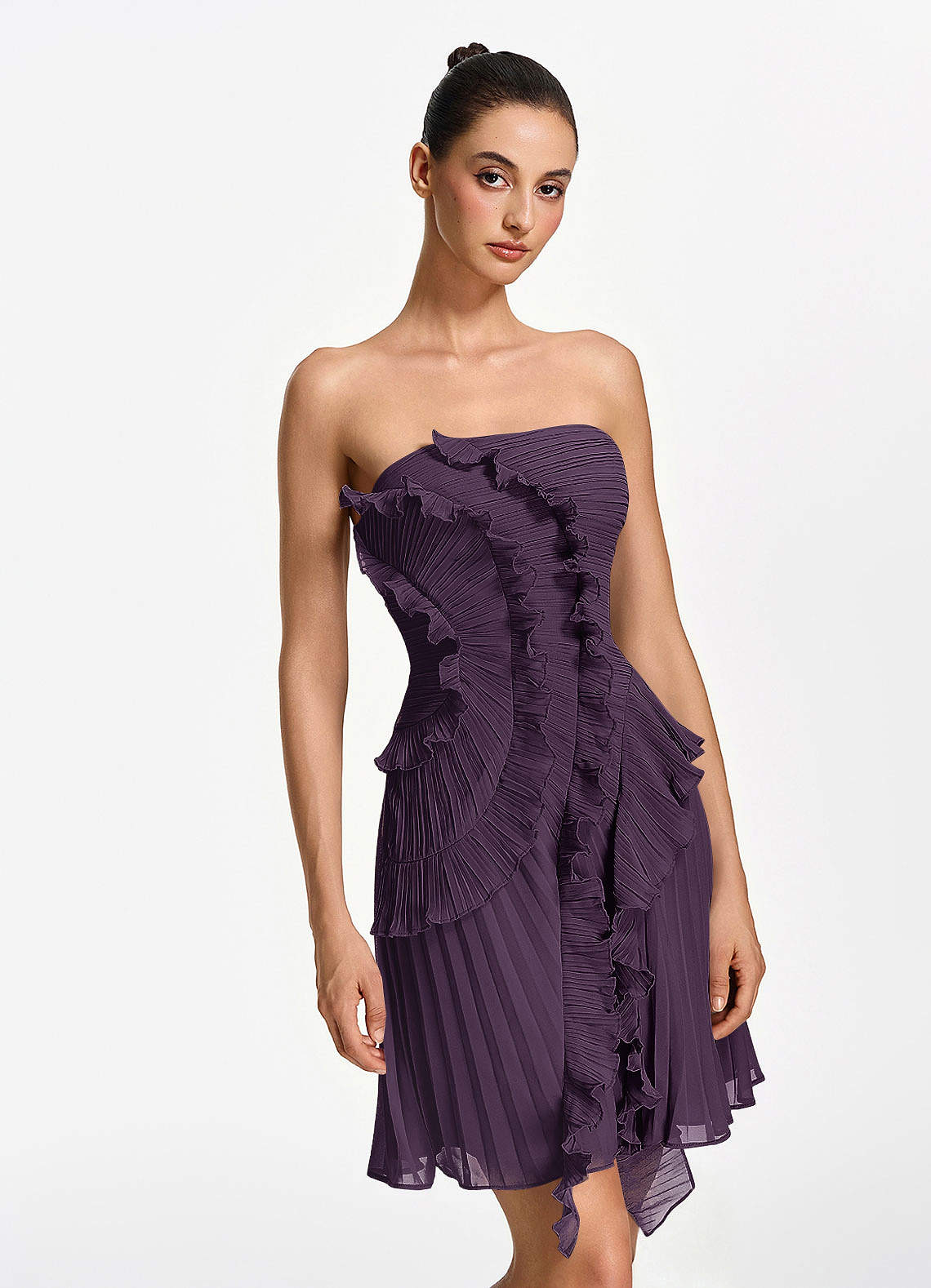 Ilona A-Line Mini Strapless Pleated Chiffon Prom Dress in Dark Purple