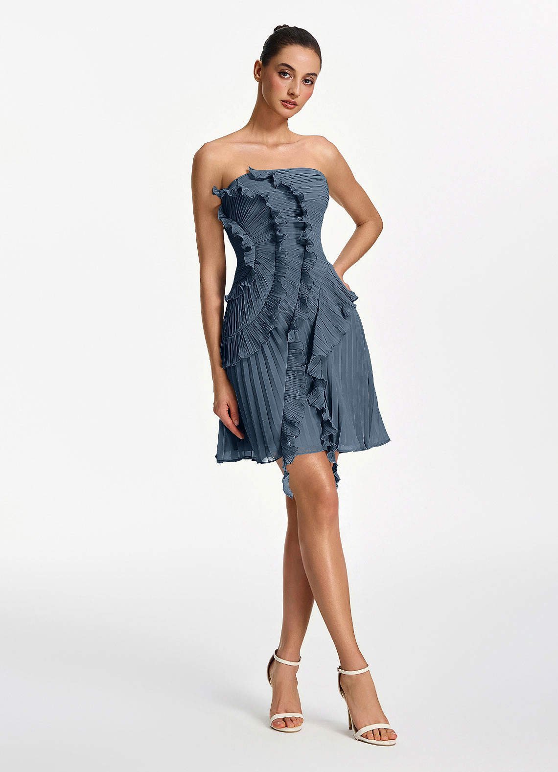 Ilona A-Line Mini Strapless Pleated Chiffon Prom Dress in Neptune