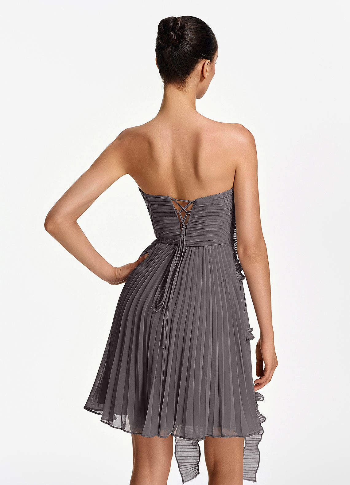 Ilona A-Line Mini Strapless Pleated Chiffon Prom Dress in Steel Grey