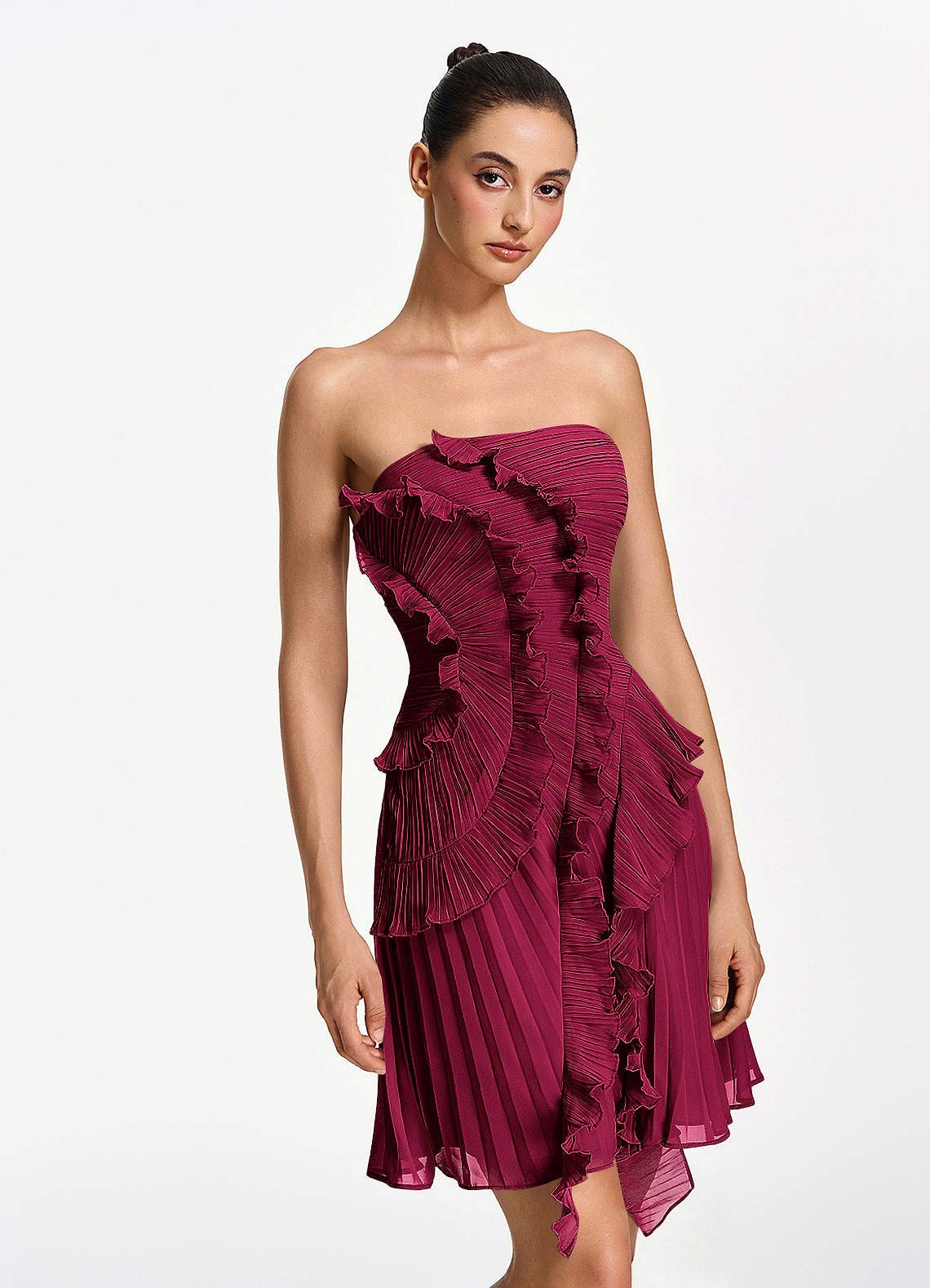 Ilona A-Line Mini Strapless Pleated Chiffon Prom Dress in Burgundy