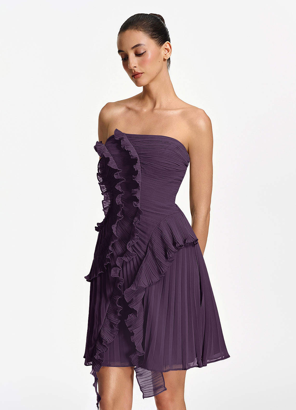 Ilona A-Line Mini Strapless Pleated Chiffon Prom Dress in Dark Purple