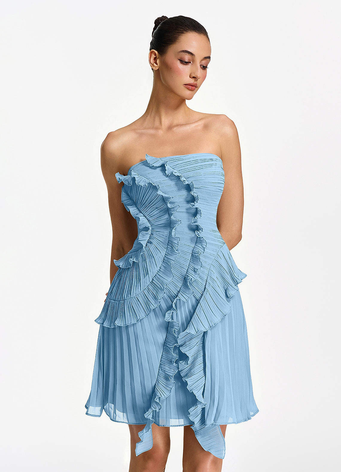 Ilona A-Line Mini Strapless Pleated Chiffon Prom Dress in Powder Pink