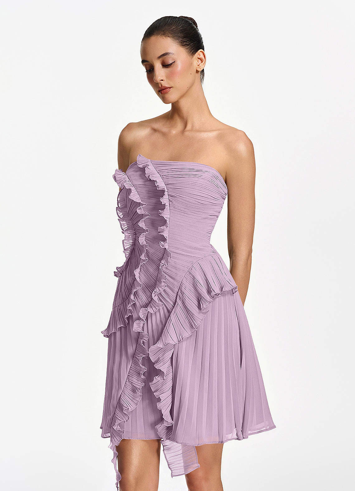 Ilona A-Line Mini Strapless Pleated Chiffon Prom Dress in Wisteria