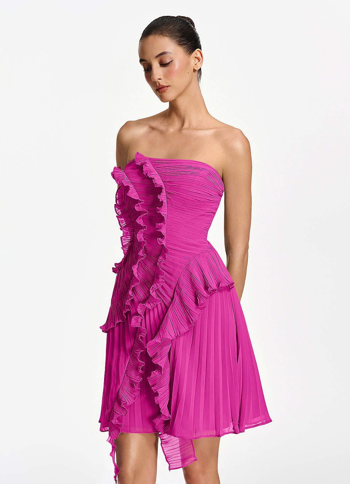 Ilona A-Line Mini Strapless Pleated Chiffon Prom Dress in Fuchsia