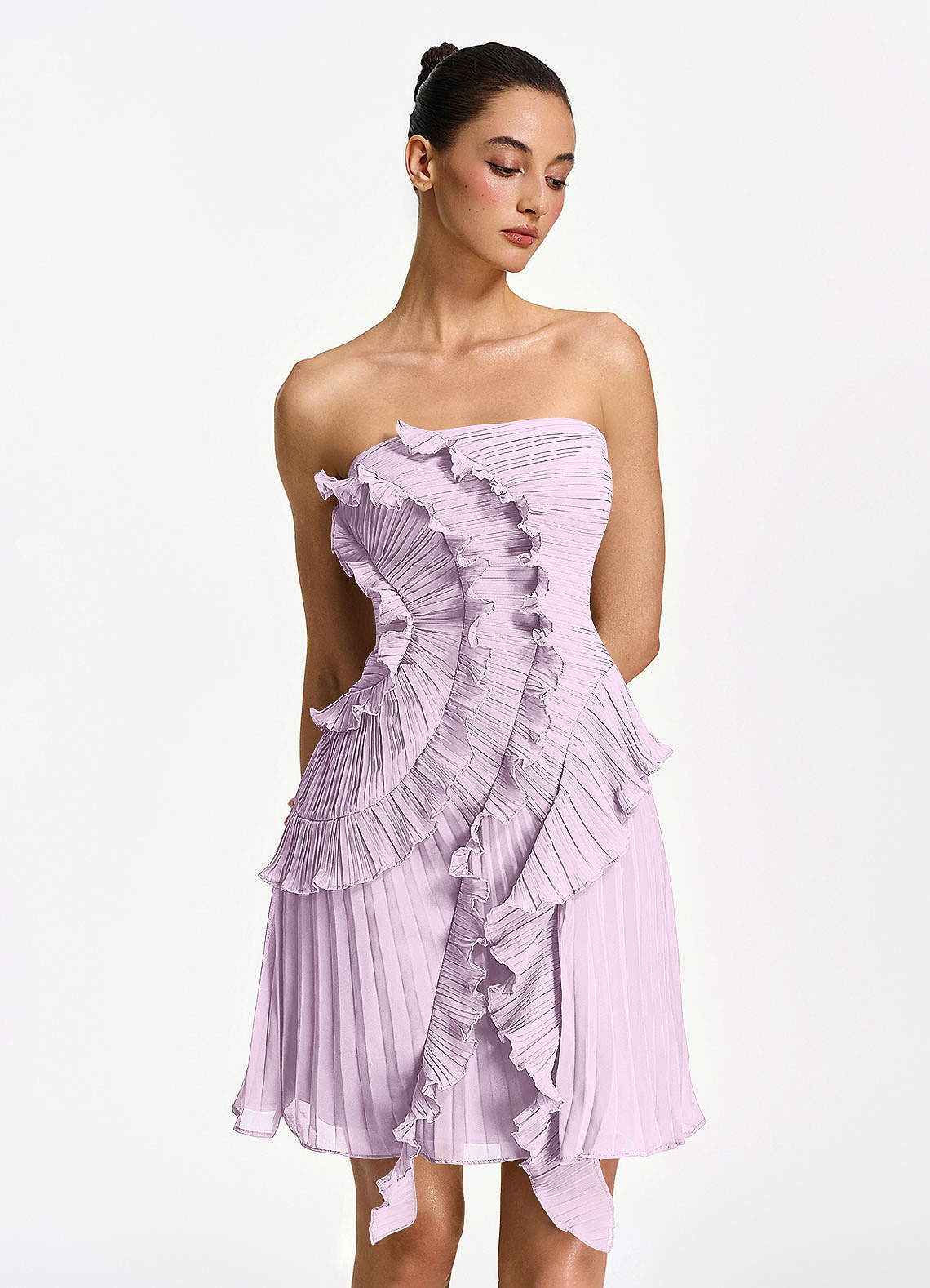 Ilona A-Line Mini Strapless Pleated Chiffon Prom Dress in Powder Pink