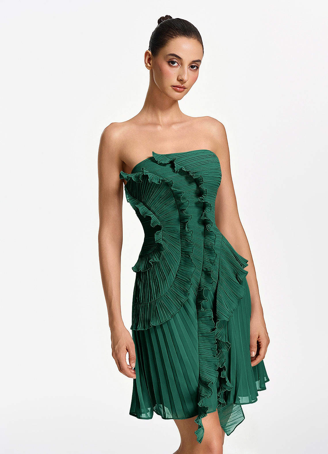Ilona A-Line Mini Strapless Pleated Chiffon Prom Dress in Emerald