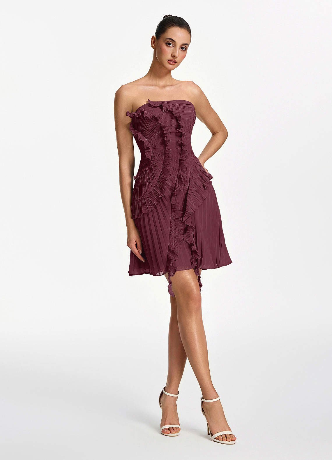 Ilona A-Line Mini Strapless Pleated Chiffon Prom Dress in Cabernet