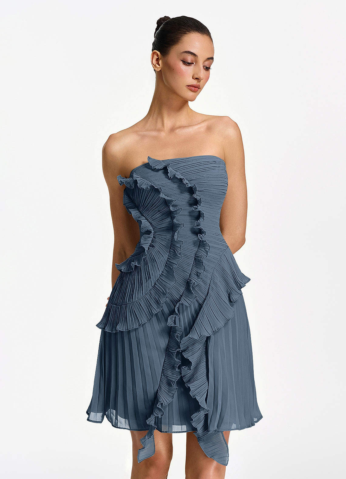 Ilona A-Line Mini Strapless Pleated Chiffon Prom Dress in Powder Pink