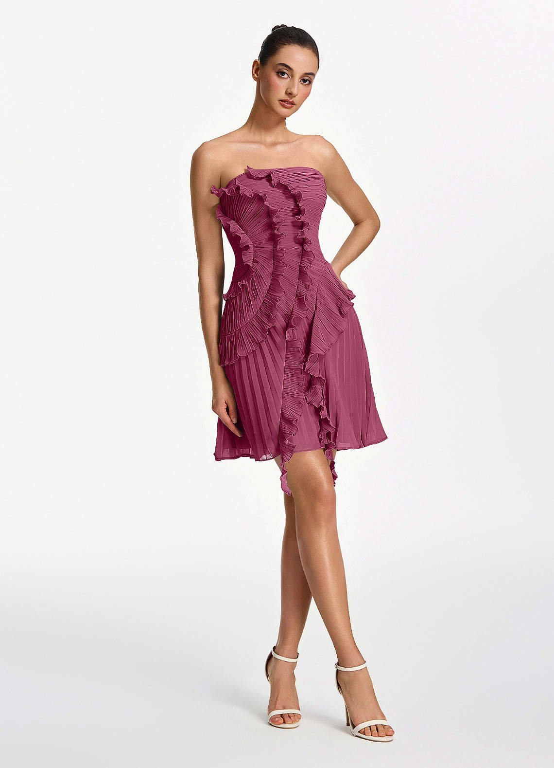 Ilona A-Line Mini Strapless Pleated Chiffon Prom Dress in Mulberry