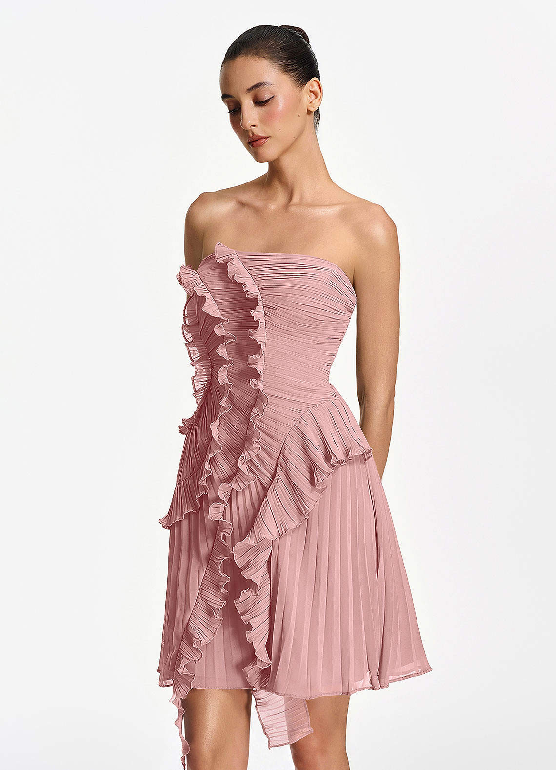 Ilona A-Line Mini Strapless Pleated Chiffon Prom Dress in Dusty Rose