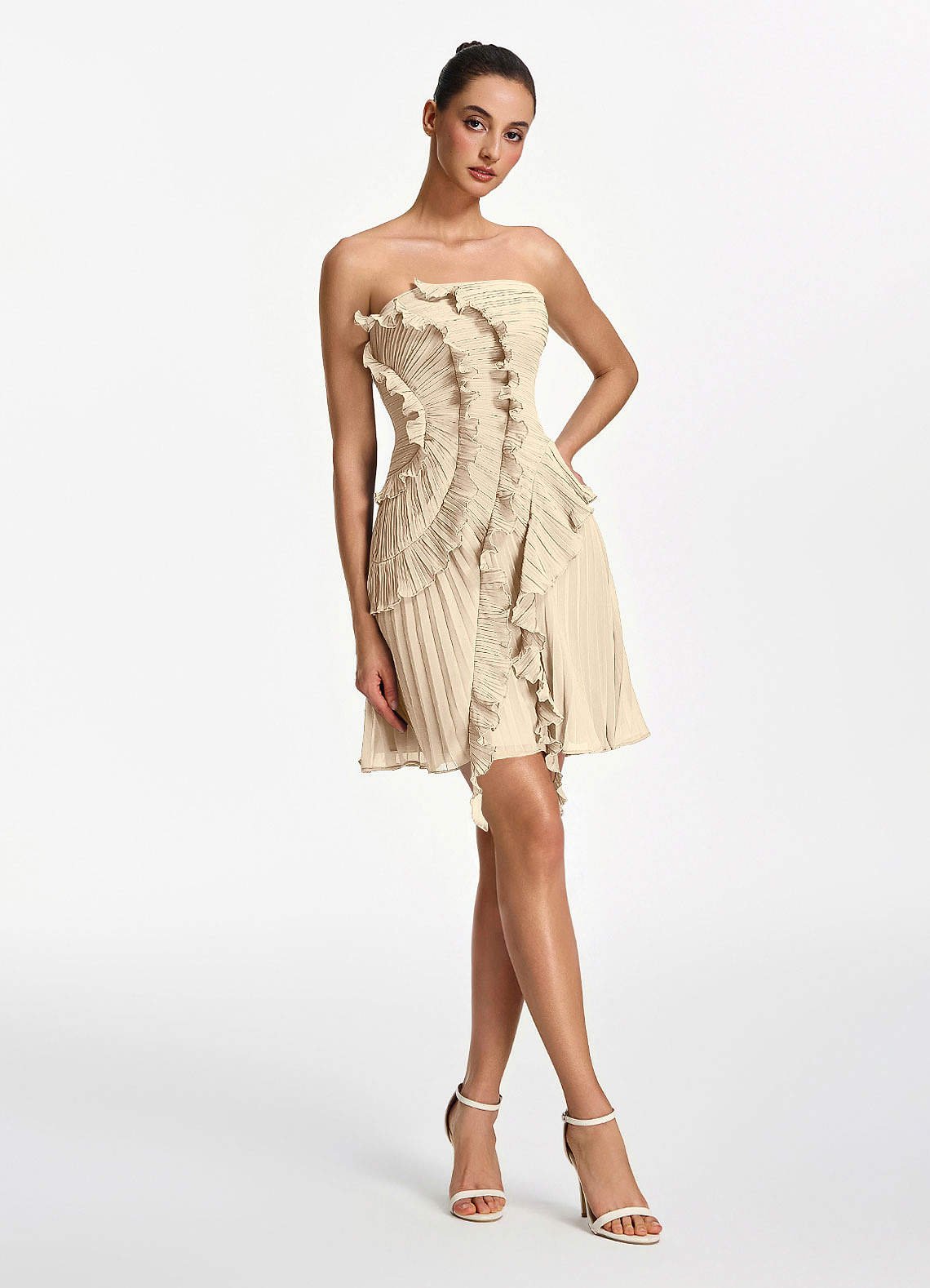Ilona A-Line Mini Strapless Pleated Chiffon Prom Dress in Champagne