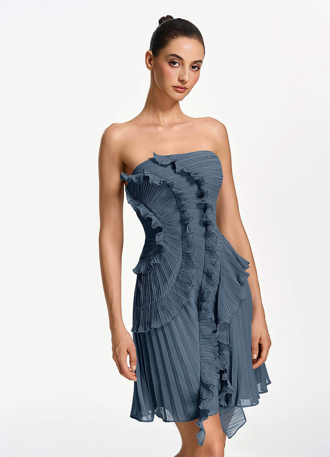 Ilona A-Line Mini Strapless Pleated Chiffon Prom Dress in Neptune