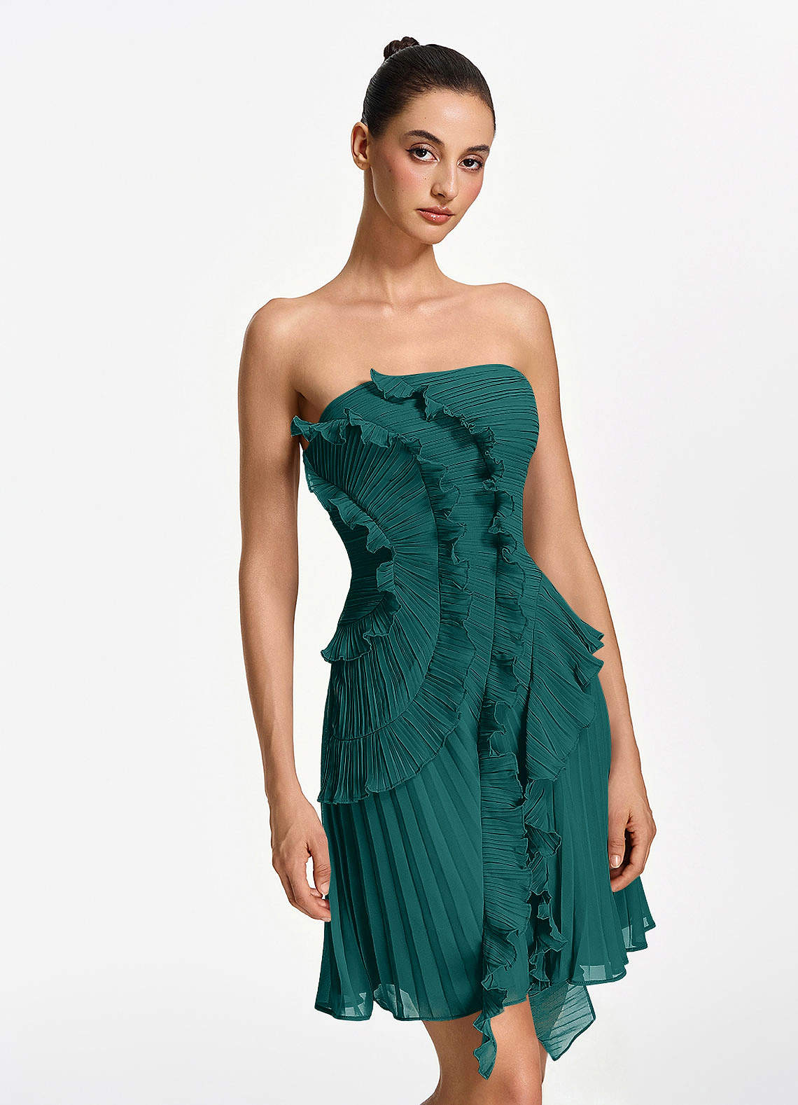 Ilona A-Line Mini Strapless Pleated Chiffon Prom Dress in Peacock
