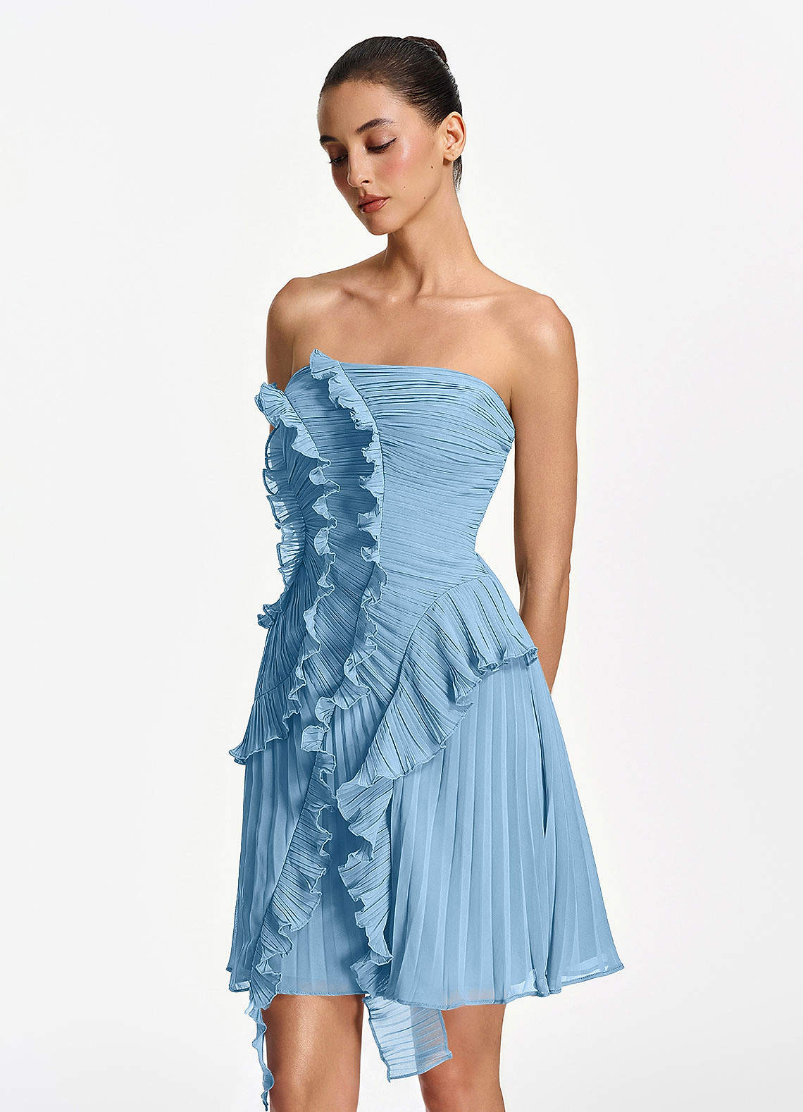 Ilona A-Line Mini Strapless Pleated Chiffon Prom Dress in Steel Blue