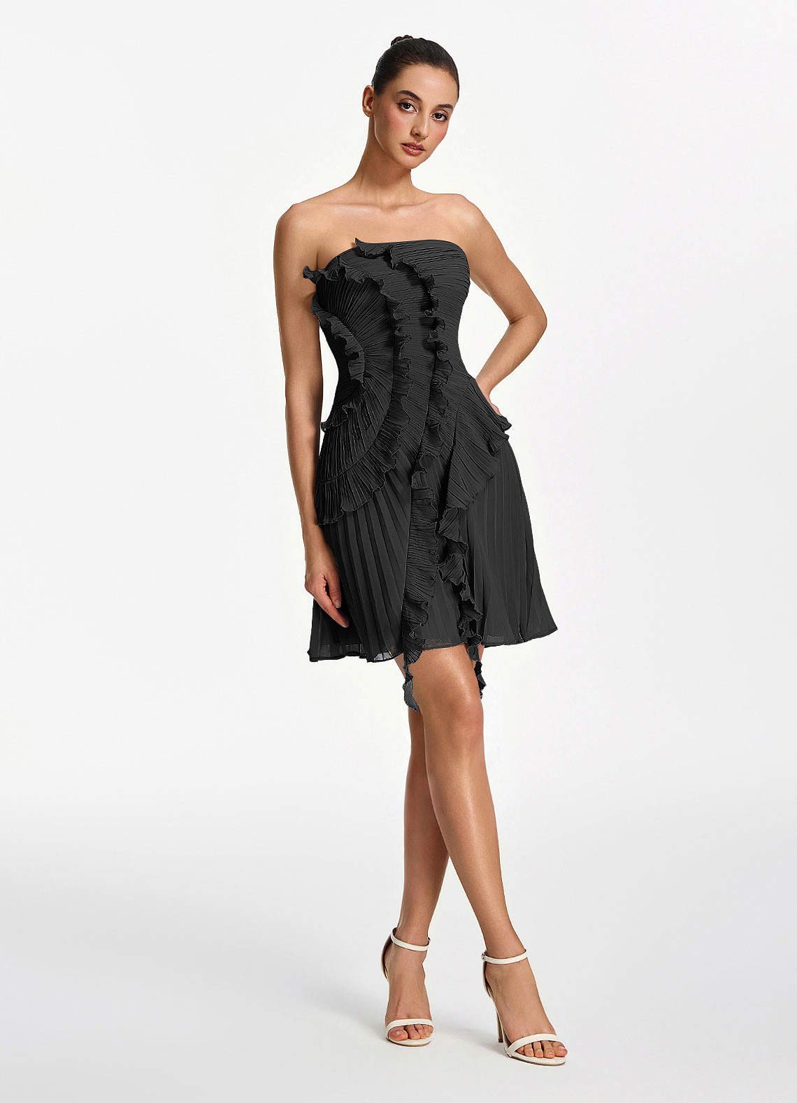 Ilona A-Line Mini Strapless Pleated Chiffon Prom Dress in black