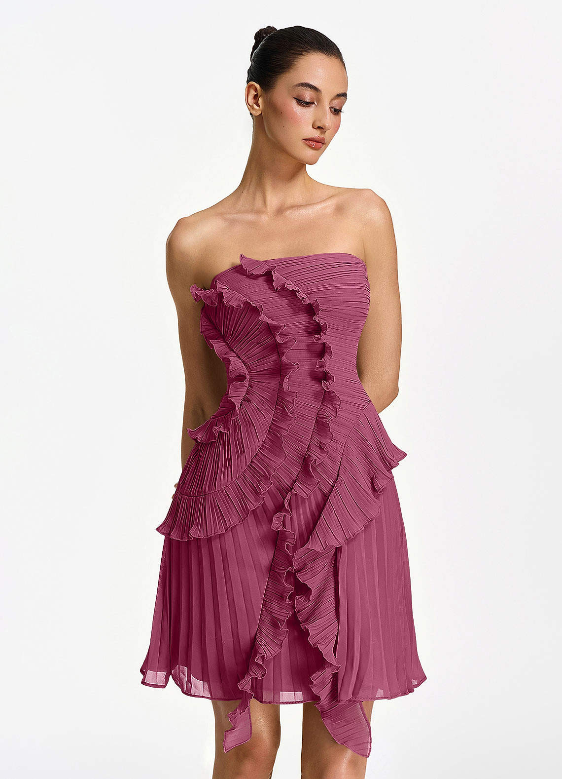 Ilona A-Line Mini Strapless Pleated Chiffon Prom Dress in Powder Pink