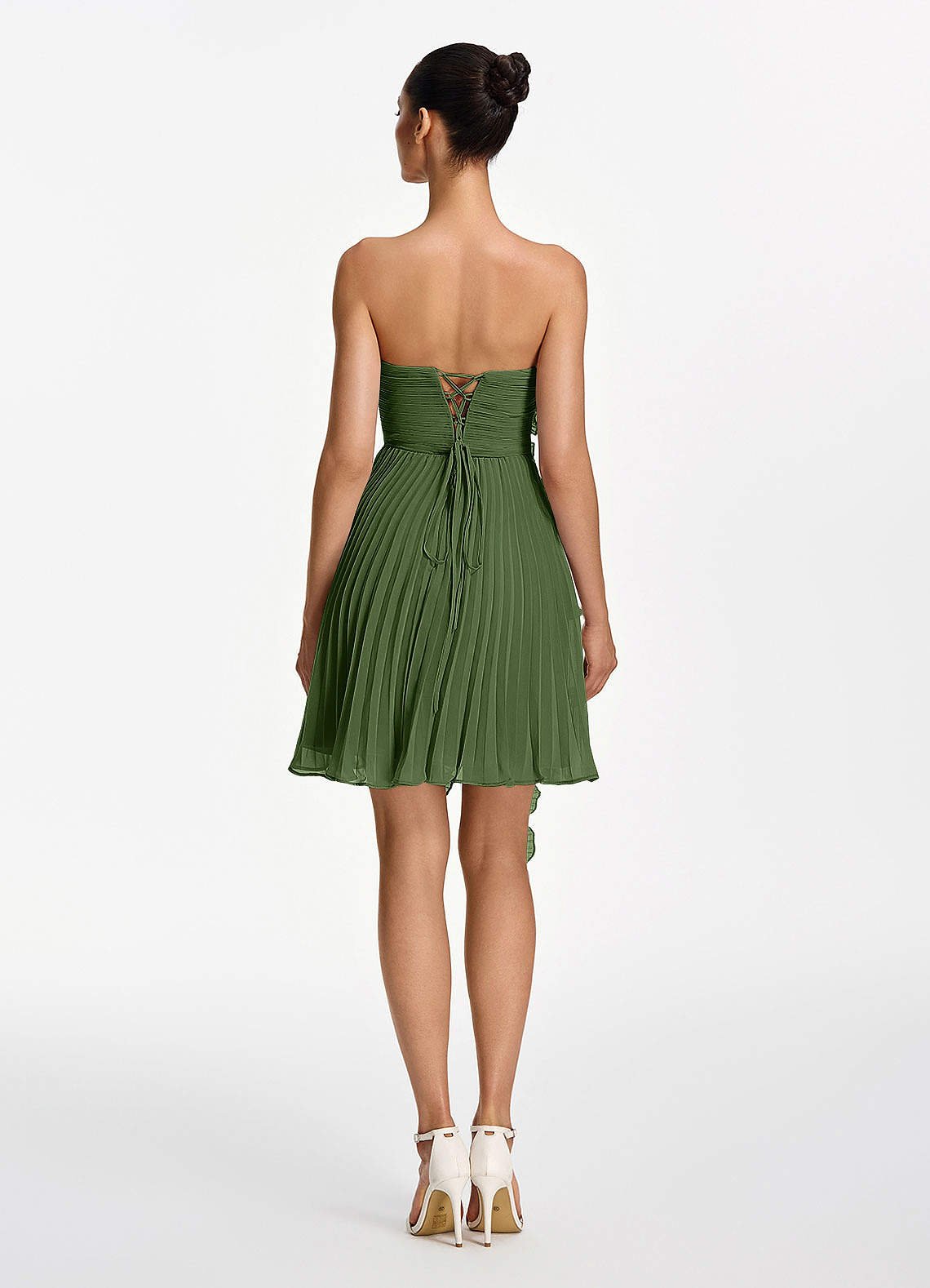 Ilona A-Line Mini Strapless Pleated Chiffon Prom Dress in Olive