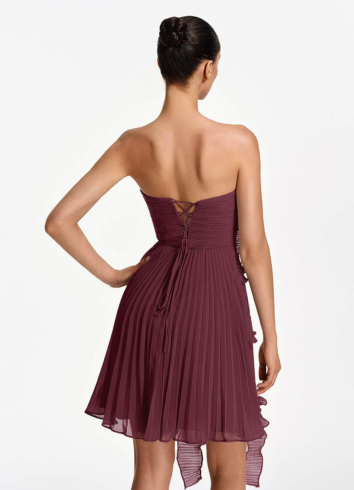 Ilona A-Line Mini Strapless Pleated Chiffon Prom Dress in Cabernet