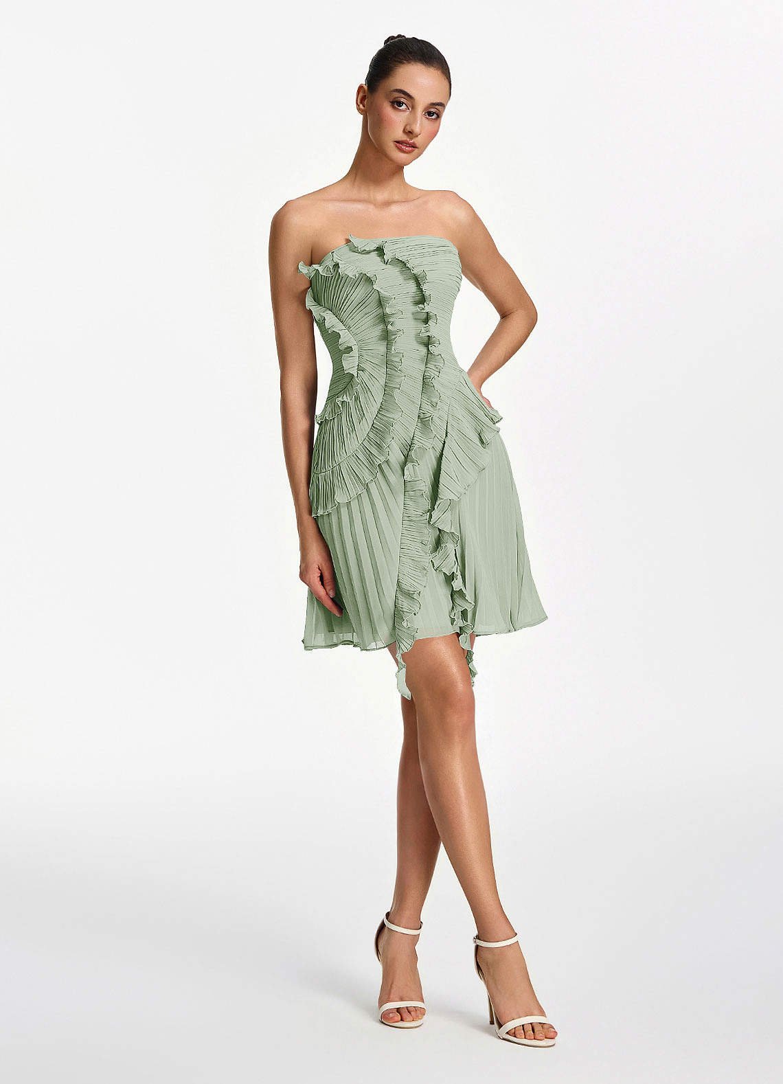 Ilona A-Line Mini Strapless Pleated Chiffon Prom Dress in Dusty Sage