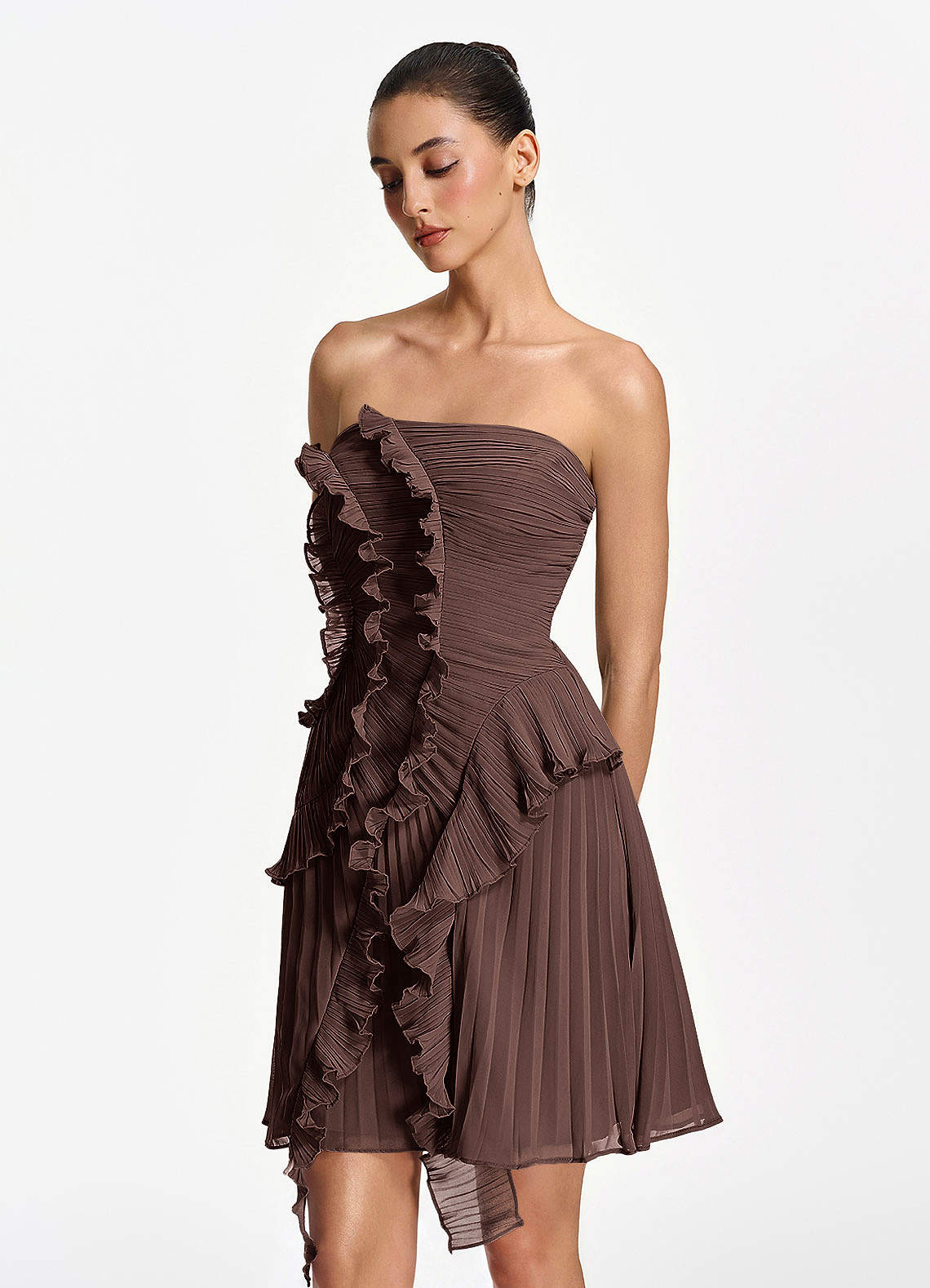 Ilona A-Line Mini Strapless Pleated Chiffon Prom Dress in Ganache