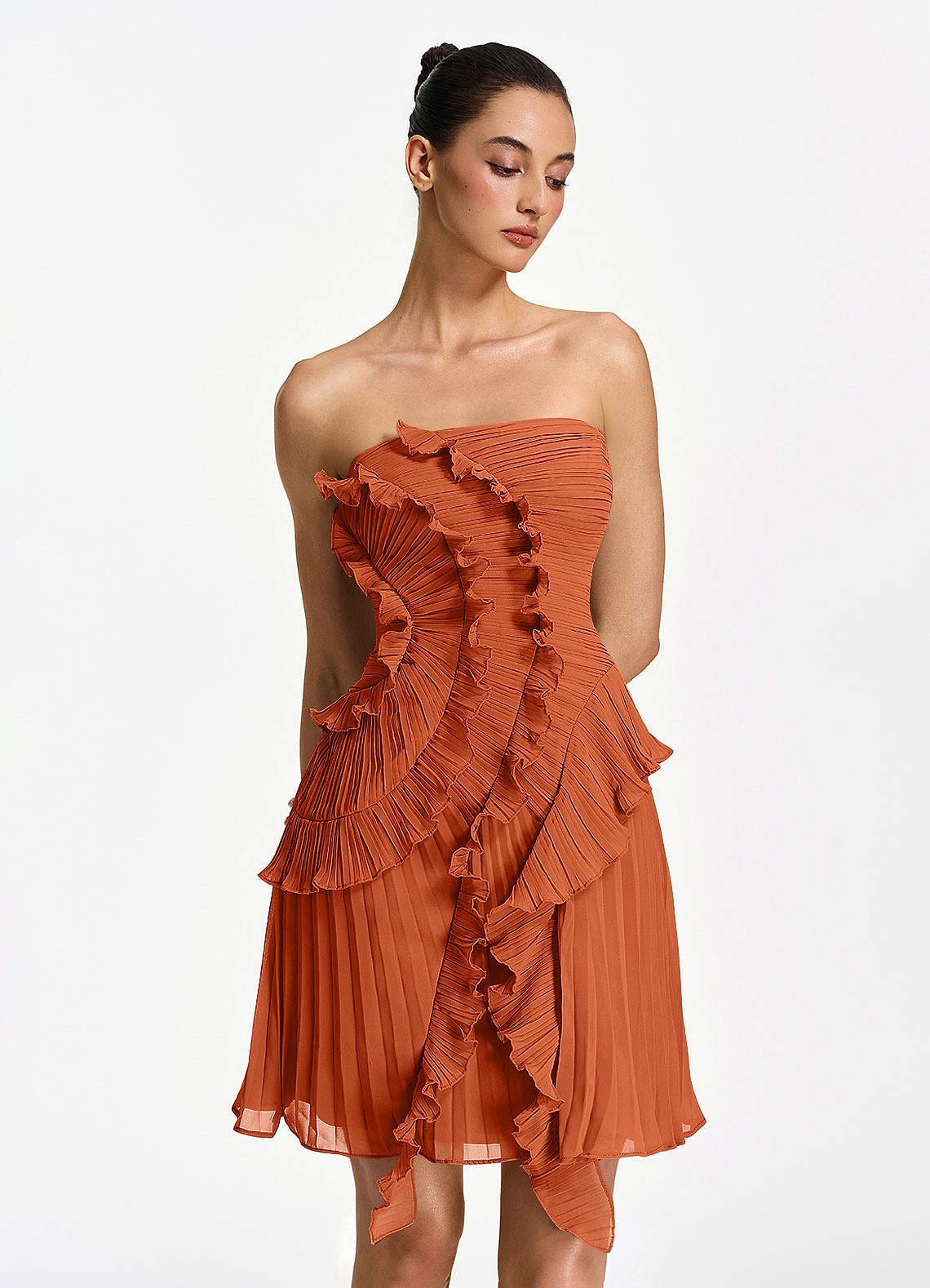 Ilona A-Line Mini Strapless Pleated Chiffon Prom Dress in Powder Pink