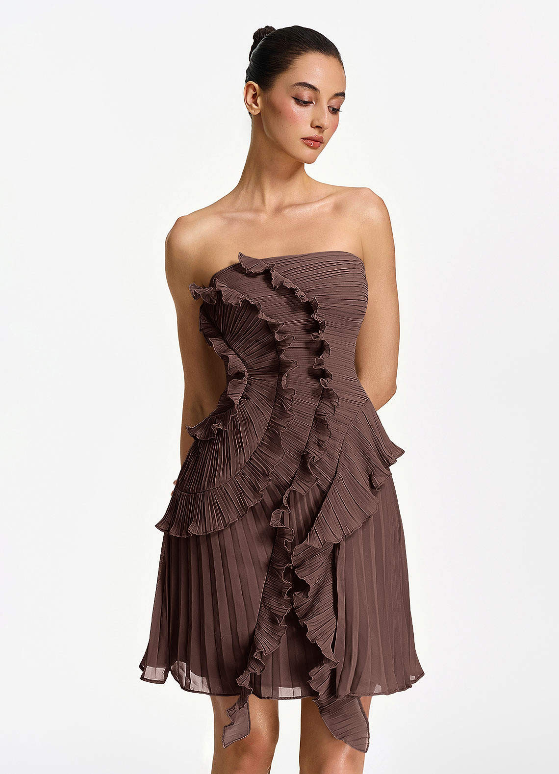 Ilona A-Line Mini Strapless Pleated Chiffon Prom Dress in Powder Pink