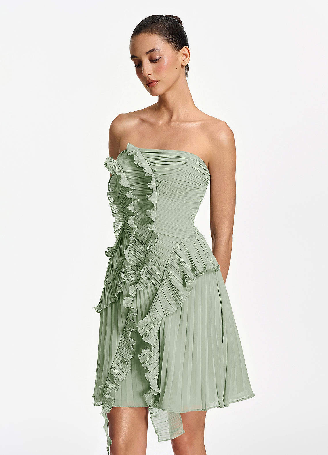 Ilona A-Line Mini Strapless Pleated Chiffon Prom Dress in Dusty Sage