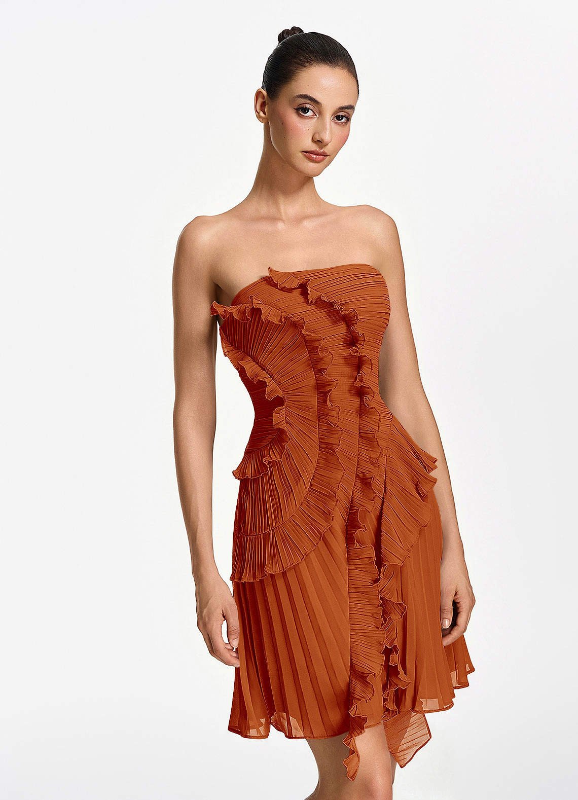 Ilona A-Line Mini Strapless Pleated Chiffon Prom Dress in Paprika