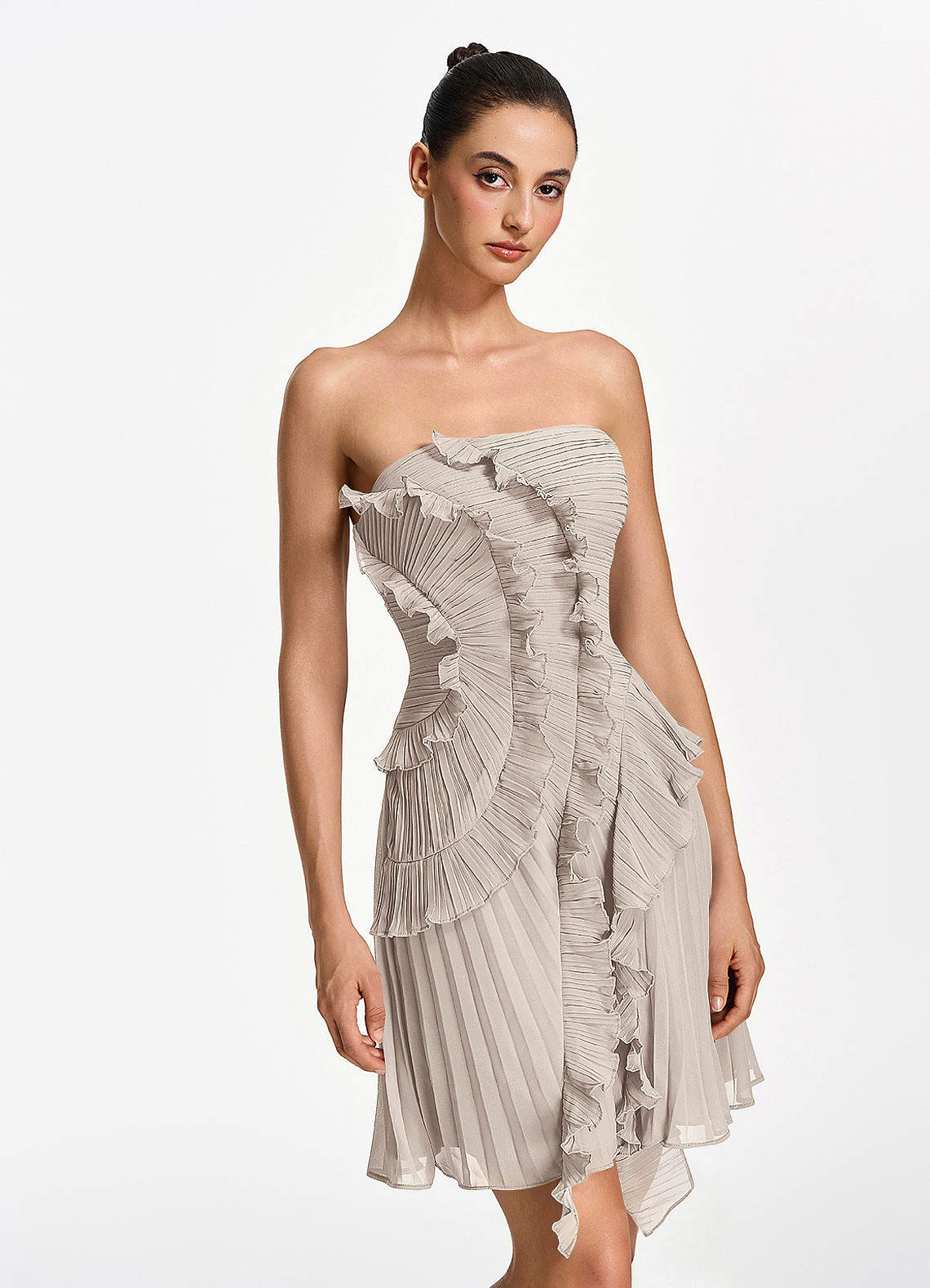 Ilona A-Line Mini Strapless Pleated Chiffon Prom Dress in Frost