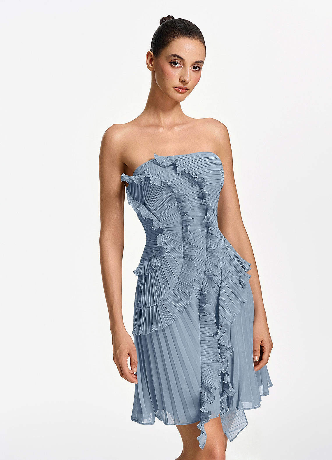 Ilona A-Line Mini Strapless Pleated Chiffon Prom Dress in Dusty Blue