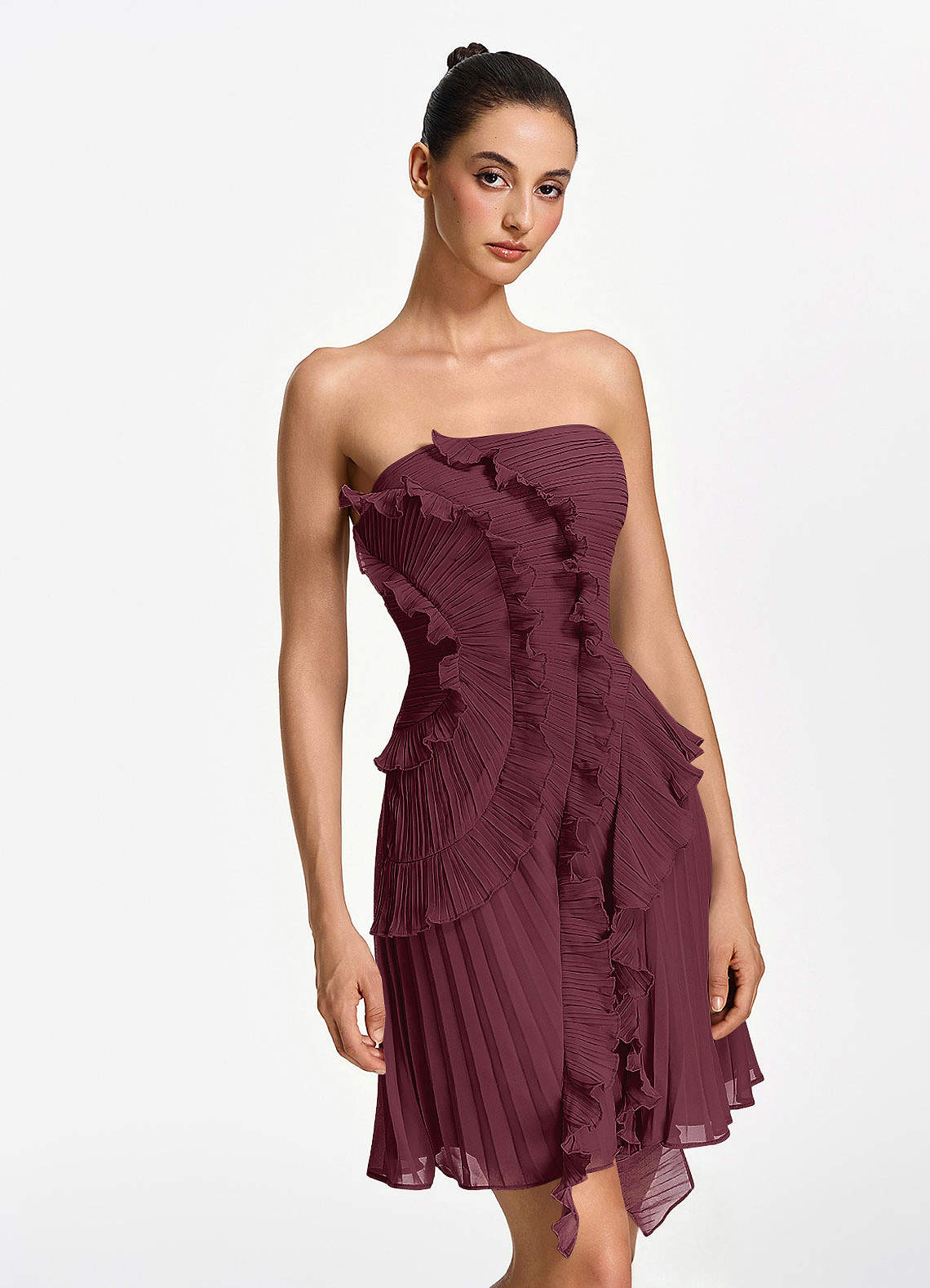 Ilona A-Line Mini Strapless Pleated Chiffon Prom Dress in Cabernet