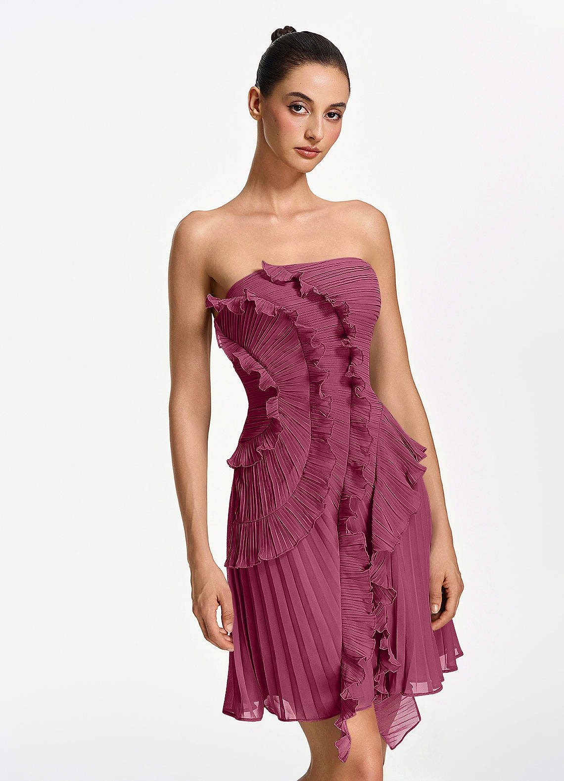 Ilona A-Line Mini Strapless Pleated Chiffon Prom Dress in Mulberry