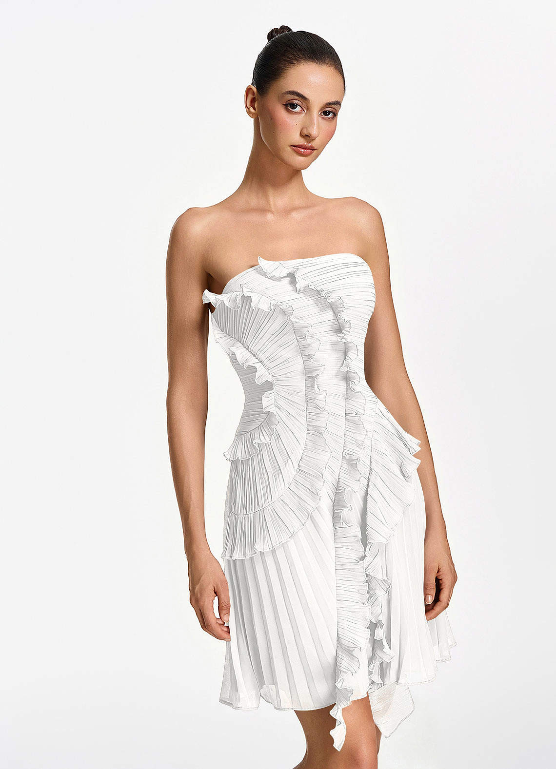 Ilona A-Line Mini Strapless Pleated Chiffon Prom Dress in White