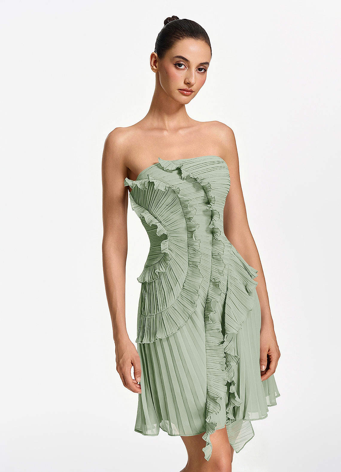 Ilona A-Line Mini Strapless Pleated Chiffon Prom Dress in Dusty Sage