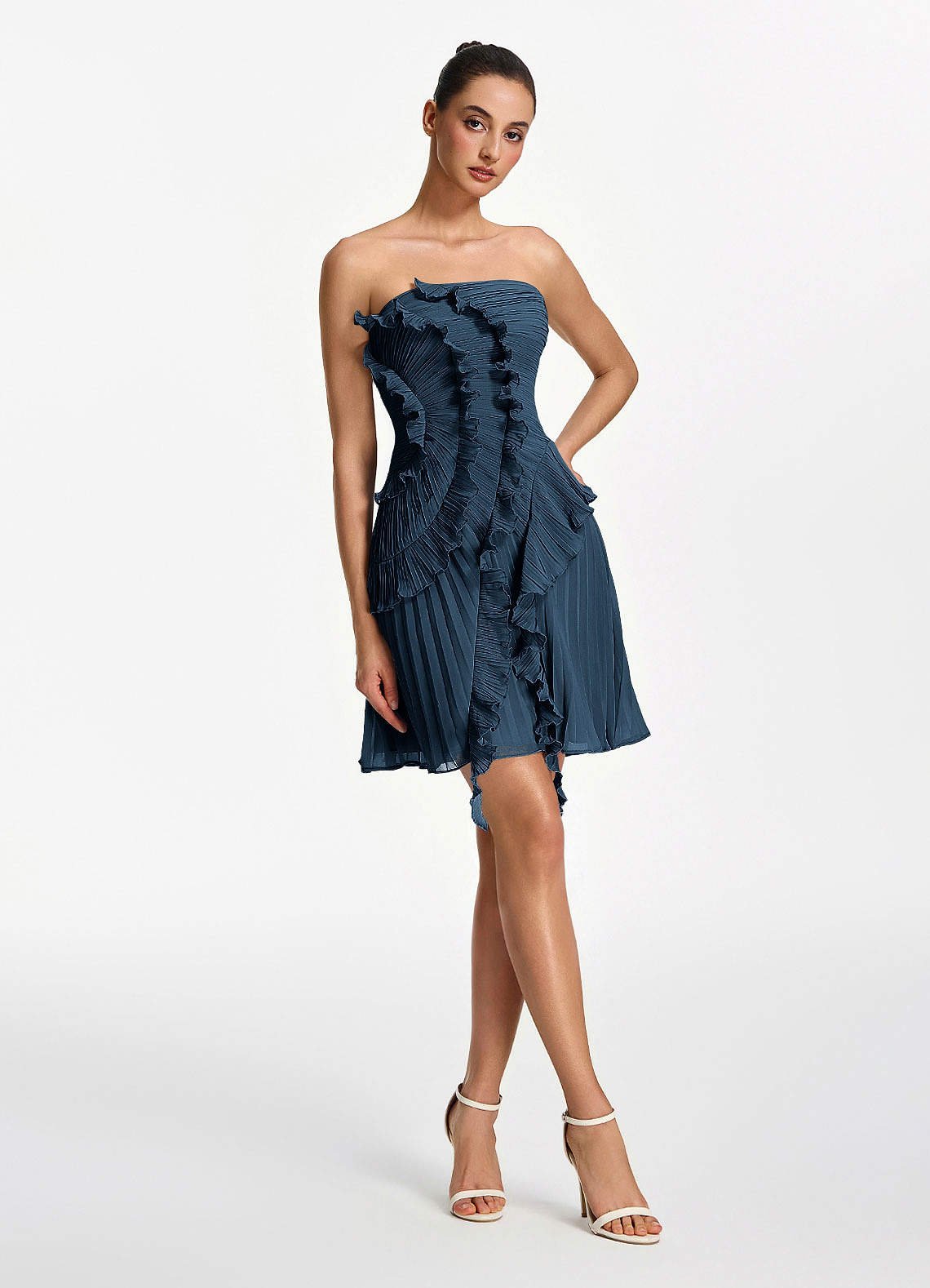 Ilona A-Line Mini Strapless Pleated Chiffon Prom Dress in Navy
