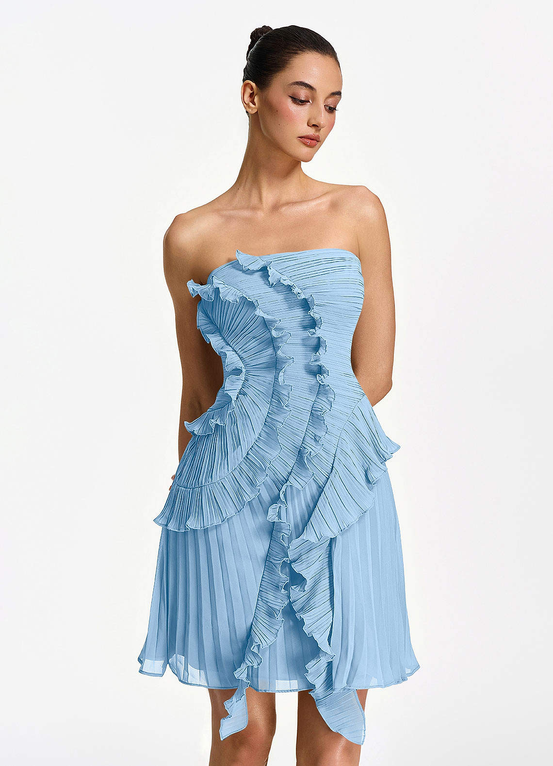 Ilona A-Line Mini Strapless Pleated Chiffon Prom Dress in Powder Pink