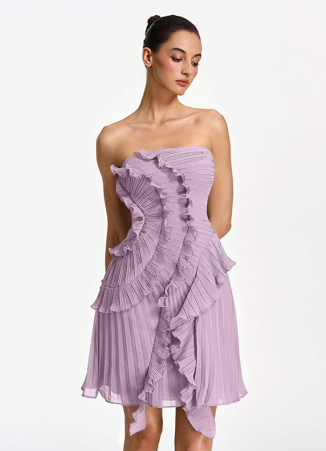 Ilona A-Line Mini Strapless Pleated Chiffon Prom Dress in Powder Pink