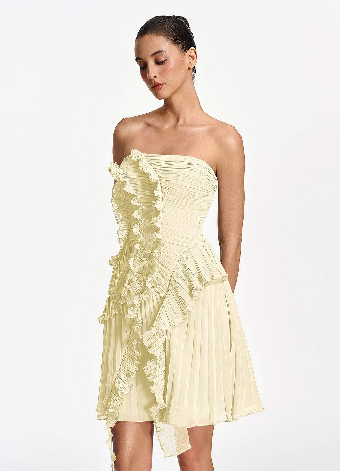 Ilona A-Line Mini Strapless Pleated Chiffon Prom Dress in Lemon Sorbet