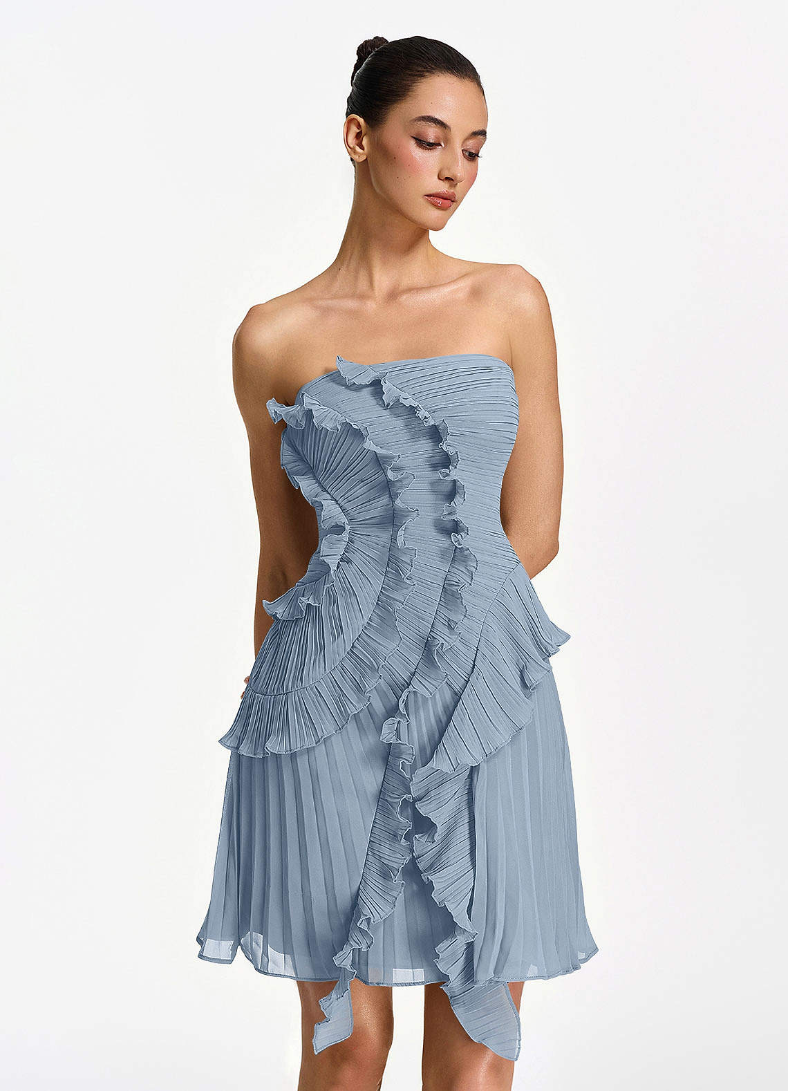 Ilona A-Line Mini Strapless Pleated Chiffon Prom Dress in Powder Pink