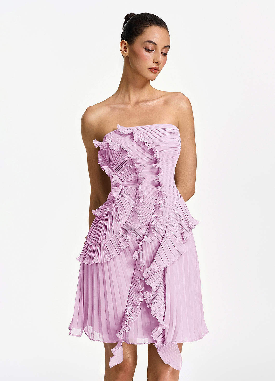 Ilona A-Line Mini Strapless Pleated Chiffon Prom Dress in Powder Pink