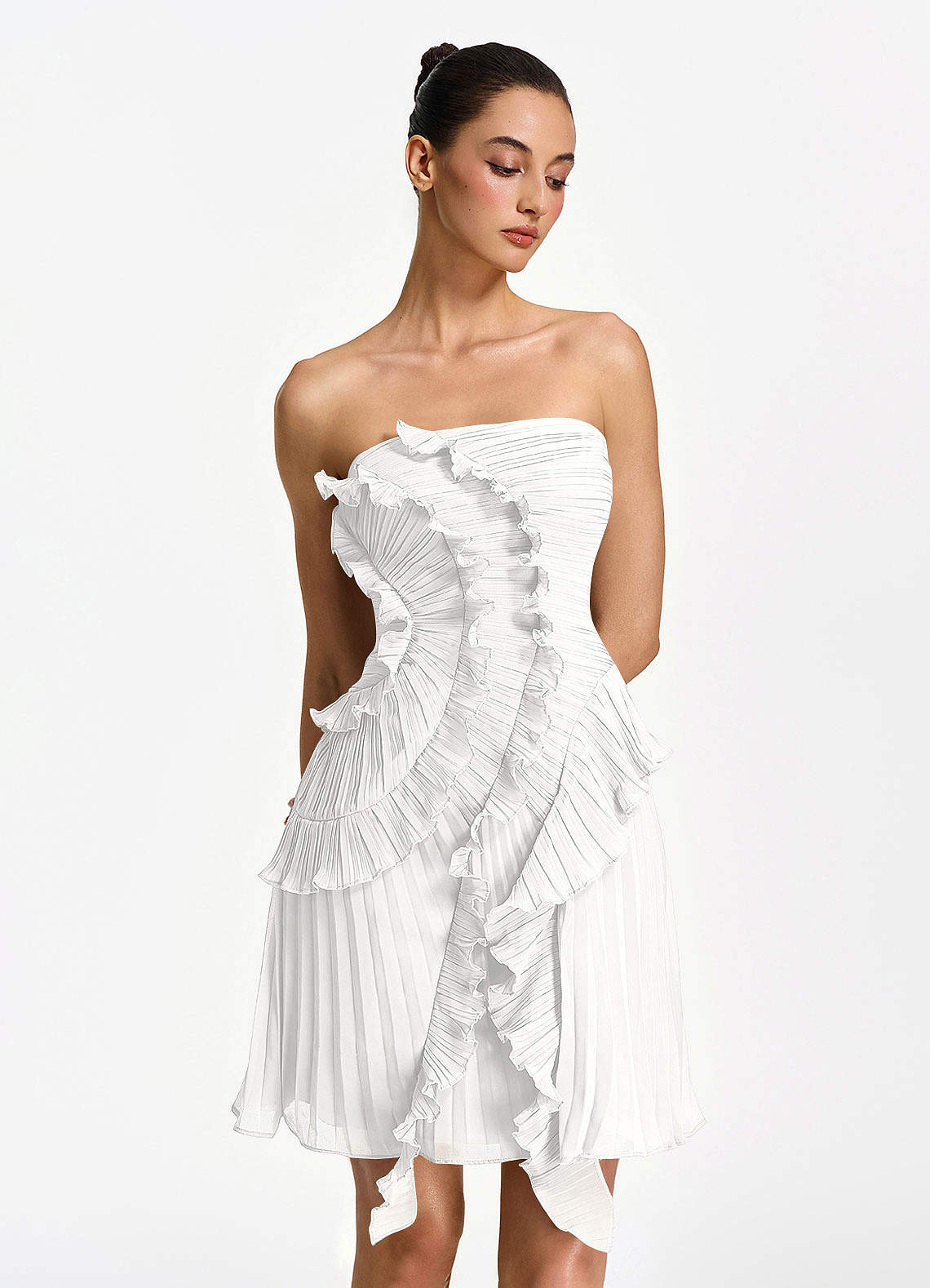 Ilona A-Line Mini Strapless Pleated Chiffon Prom Dress in Powder Pink