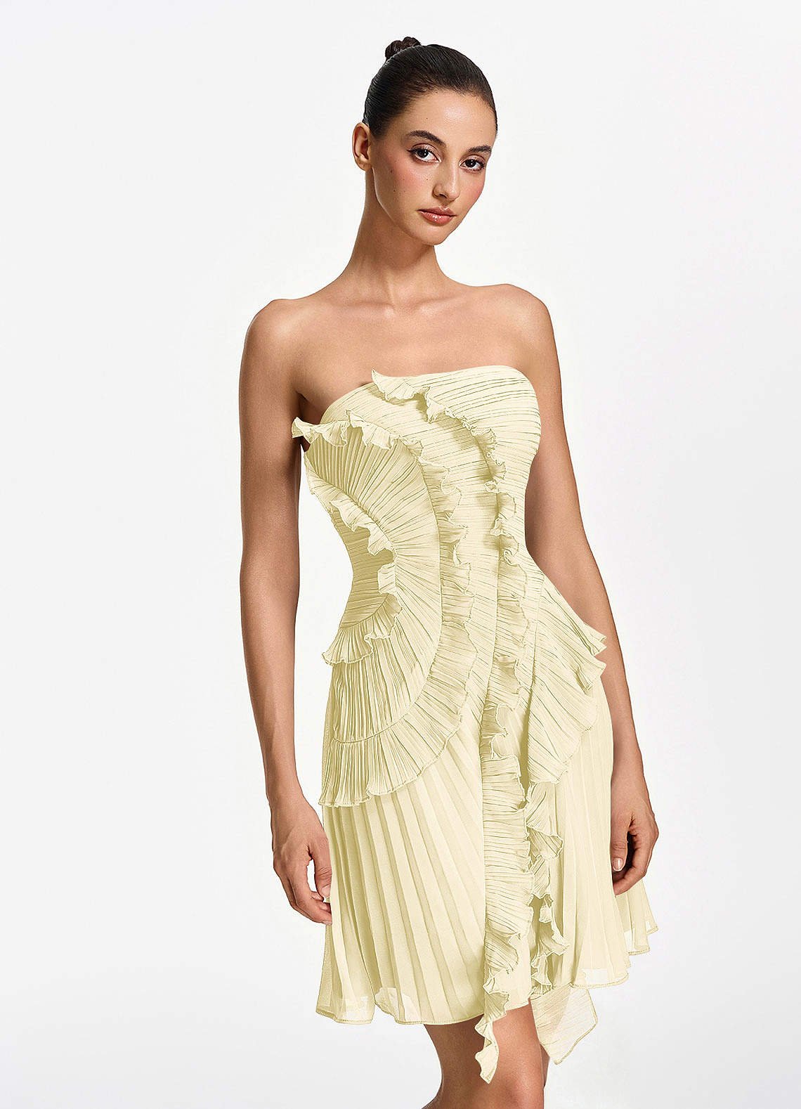 Ilona A-Line Mini Strapless Pleated Chiffon Prom Dress in Lemon Sorbet
