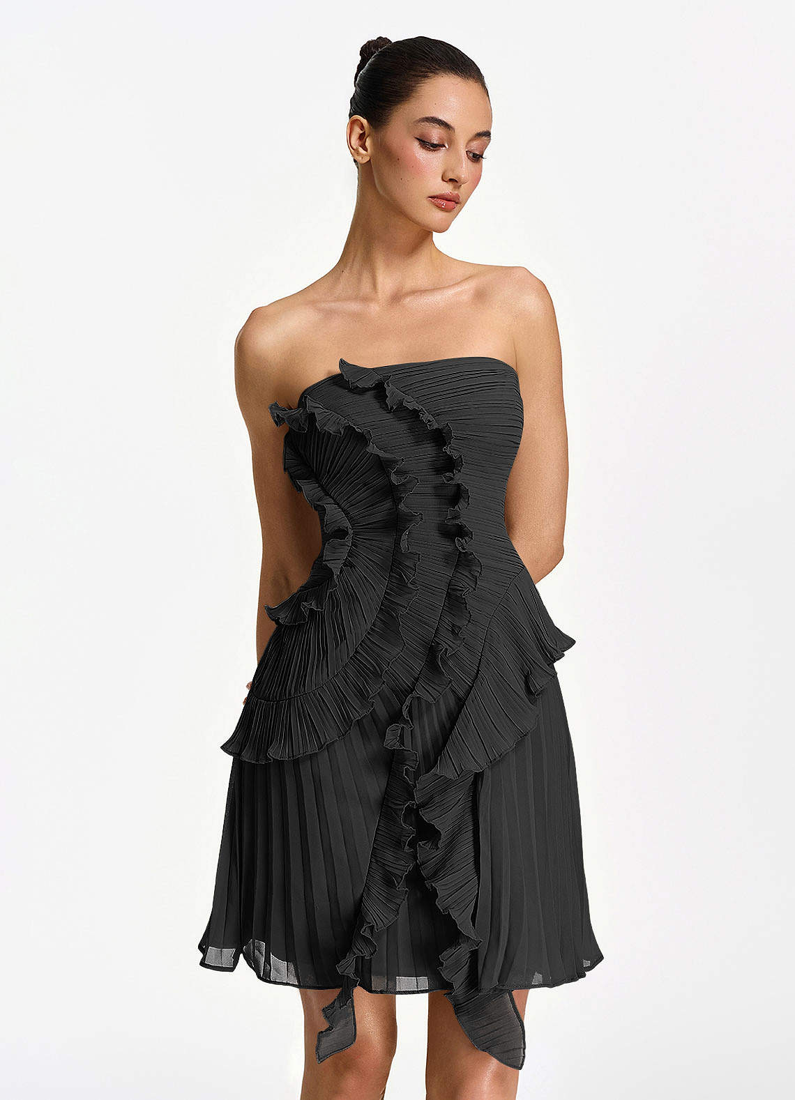 Ilona A-Line Mini Strapless Pleated Chiffon Prom Dress in Powder Pink